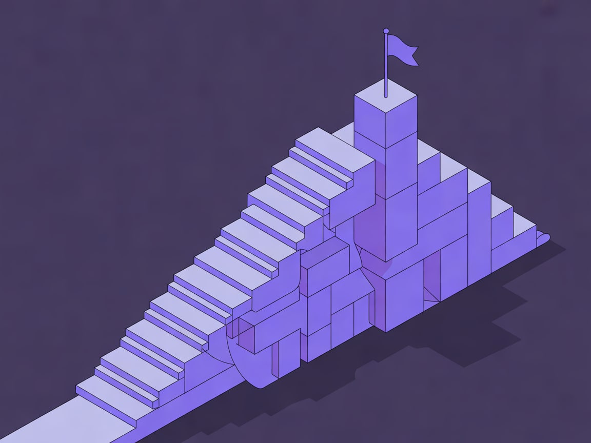 Clean isometric 3D illustration of a gentle mountain ridge built from small stacked violet cubes rising step by step to 