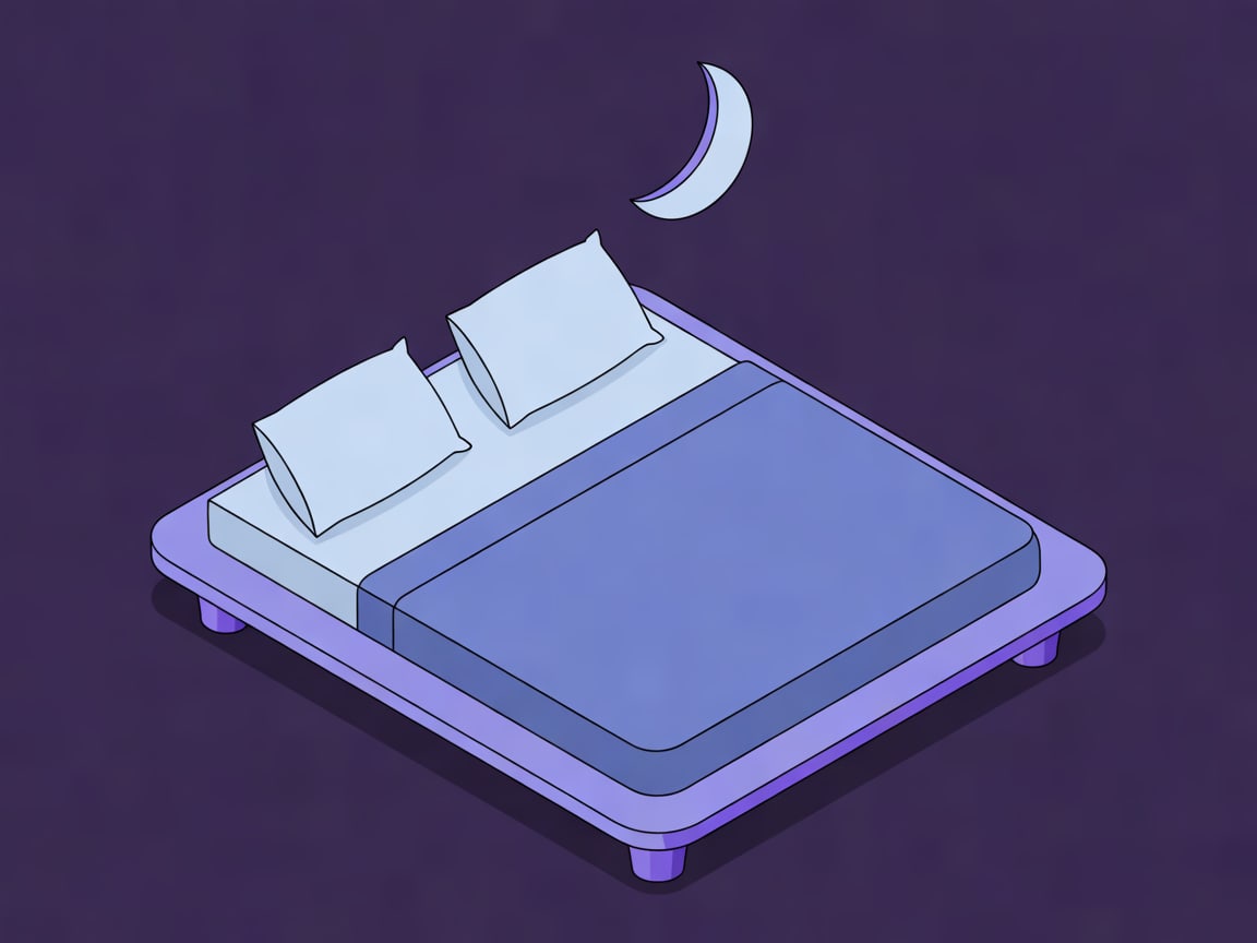 Clean isometric 3D illustration of a low simple bed platform with two pillows touching side by side and a folded blanket