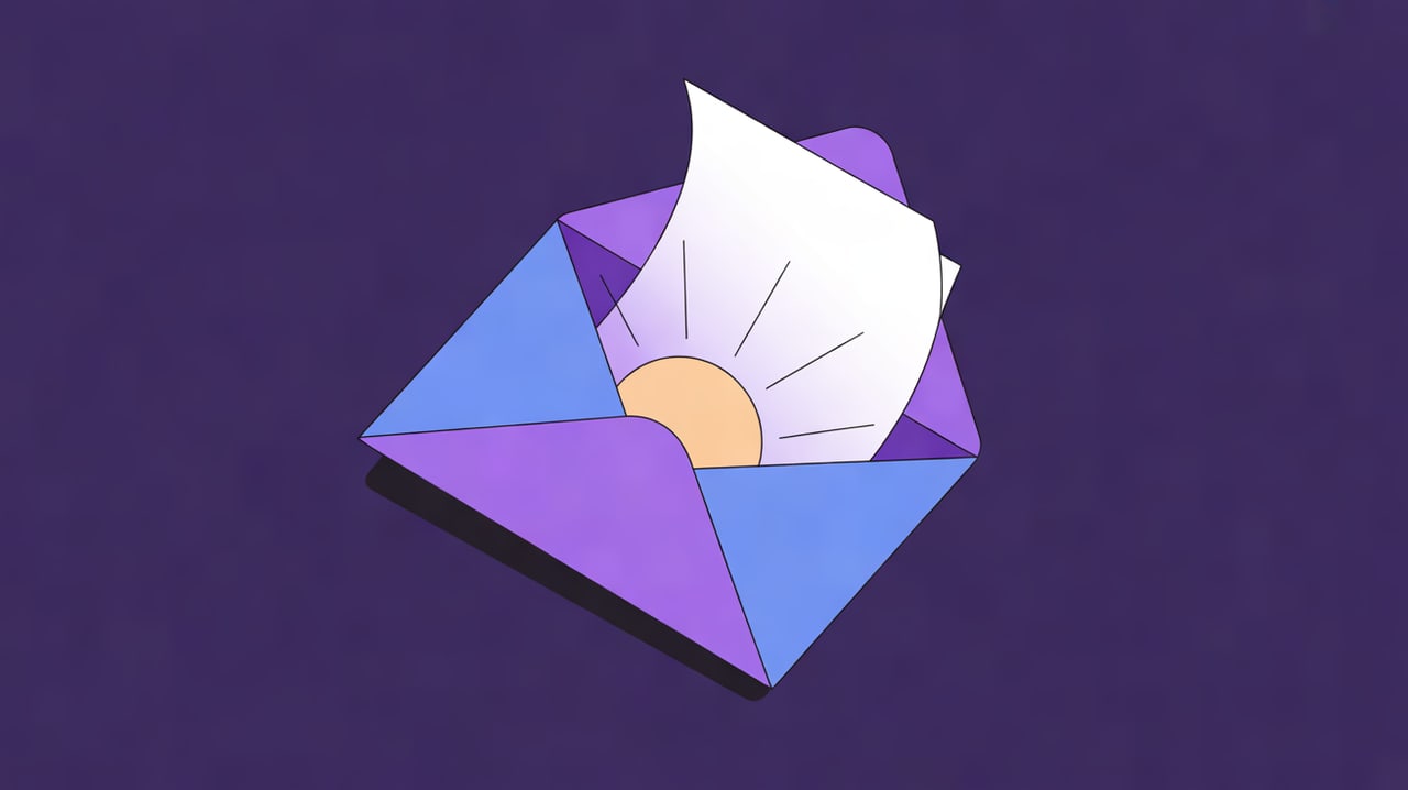 Clean isometric 3D illustration of an open envelope with a single folded page rising out of it toward a small rising sun