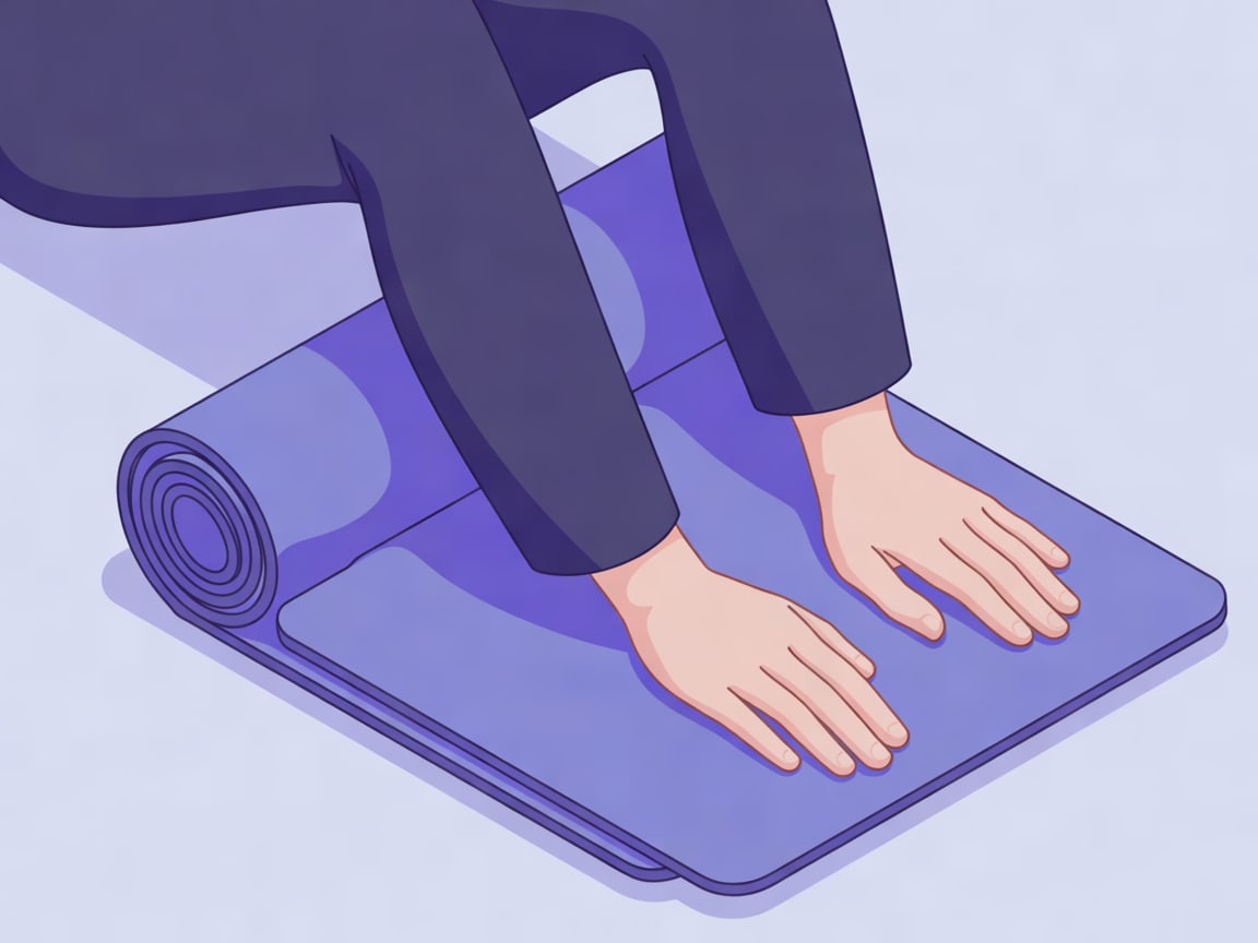 Clean isometric 3D illustration close-up of two hands resting flat on a folded exercise mat beside bent legs in soft tro